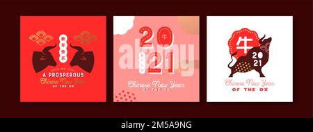 Chinese New Year of the ox 2021 vintage greeting card set. Retro asian bull animals and gold lettering label collection for china holiday event. Calli Stock Vector