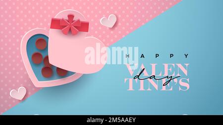 Happy Valentine's Day greeting card illustration in realistic 3d papercut style. Paper craft chocolate gifts, hearts and typography quote. Romantic fe Stock Vector