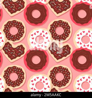 Heart shape donut cartoon seamless pattern. Sweet valentines day food, hand drawn chocolate dessert background for holiday print. Cute bakery, breakfa Stock Vector