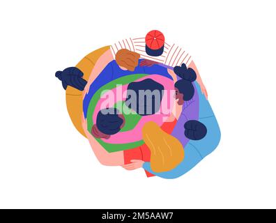 Diverse colorful people group hugging together on isolated background. Team of happy men and women characters in modern flat cartoon style. United fri Stock Vector