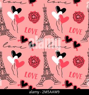 French valentine's day cartoon seamless pattern. Paris tower with flower and gifts, hand drawn decoration background for holiday print or love concept Stock Vector