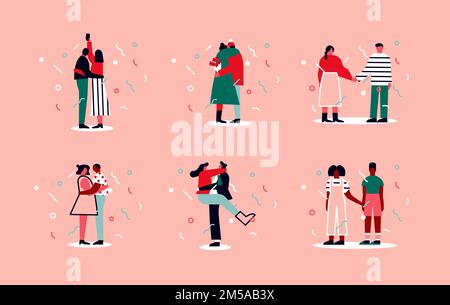 Diverse valentines day couple collection, pink people in love. Men and women characters hugging, holding hands, taking selfie. Stock Vector