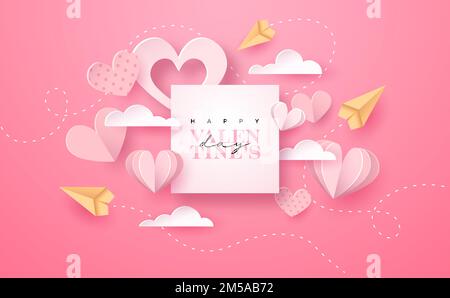 Happy Valentine's Day papercut greeting card illustration. Pink heart decoration in realistic 3d paper craft style with planes and text quote. Romanti Stock Vector