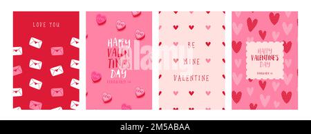 Happy Valentine's Day greeting card set. Cute pink heart shape doodle background collection with special love message quote. February 14 holiday desig Stock Vector