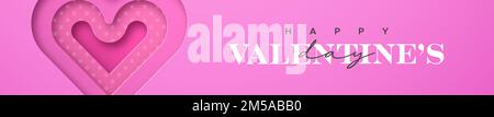 Happy Valentine's Day web banner illustration in 3d papercut style. Paper craft pink heart with layered cutout inside. Romantic february 14 holiday de Stock Vector