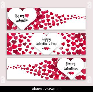 Valentine's Day web banner set. Red heart shape cartoon decoration with cute love typography quotes for romantic february 14 holiday event. Stock Vector