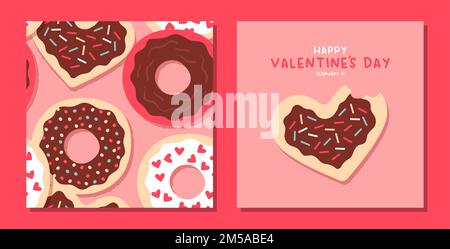Happy Valentine's Day greeting card and seamless pattern set. Cute heart shape donut with pink chocolate cookie cartoon collection. February 14 holida Stock Vector