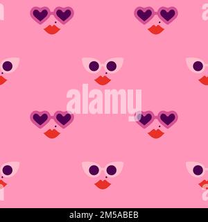 Heart shape sunglasses woman face cartoon seamless pattern. Valentine's day fashion, romantic summer background for holiday print or love concept. Stock Vector
