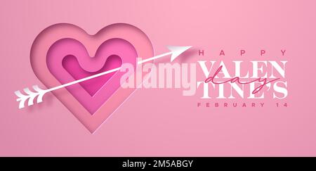 Happy Valentine's Day greeting card illustration in 3d papercut style. Paper craft pink heart with cupid arrow inside. Romantic february 14 holiday de Stock Vector