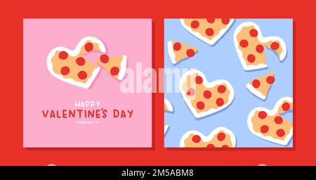 Happy Valentine's Day greeting card and seamless pattern set. Cute heart shape cheese pizza cartoon collection. February 14 holiday event background. Stock Vector
