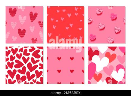 Pink valentine's day heart shape cartoon seamless pattern set. Cute romantic doodle background collection for holiday print or love concept. Stock Vector