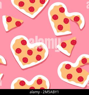 Heart shape cheese pizza cartoon seamless pattern. Funny valentines day food, hand drawn italian background for holiday print. Cute dinner, restaurant Stock Vector