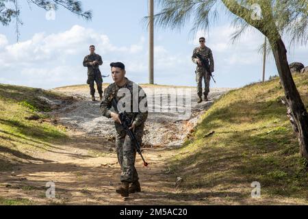 U.S. Marine Corps Sgt. Abraham Ortiz (center), a combat engineer with Combat Logistics Company Alpha, Combat Logistics Battalion 3, Combat Logistics Regiment 3, instructs Marines on patrolling and tactical unit movement during Jungle Warfare Exercise 22, Feb. 15, 2022, Kin Blue Beach, Okinawa, Japan. JWX is a large-scale field training exercise focused on leveraging the integrated capabilities of joint and allied partners to strengthen all-domain awareness, maneuver, and fires across a distributed maritime environment. CLC-A is forward-deployed in the Indo-Pacific under Combat Logistics Battal Stock Photo