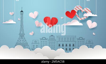Valentine's Day background illustration concept. Cute paris city doodle with realistic 3d papercut sky clouds, hearts and paper plane. Romantic event Stock Vector