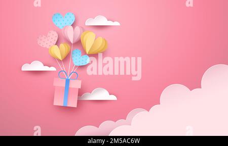 Papercut pink gift box flying in cloud sky with 3d heart balloons for valentine's day or romantic date background. Realistic paper craft design of lov Stock Vector