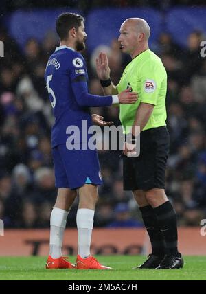 London, England, 27th December 2022. Jorginho of Chelsea appeals to referee Simon Hooper for a penalty during the Premier League match at Stamford Bridge, London. Picture credit should read: Paul Terry / Sportimage Stock Photo