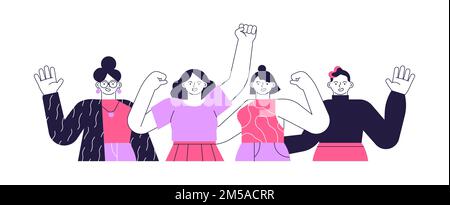 Diverse happy young woman group. All female team characters waving hello in modern flat cartoon style isolated. Technology business staff campaign or Stock Vector