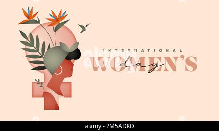 International Women's Day greeting card illustration. Beautiful black woman character with modern minimalist nature decoration and tropical flower for Stock Vector