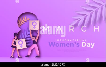 International Women's Day paper cut web template illustration of activist women holding protest sign for 8 march female equality event. Copy space bac Stock Vector