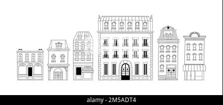 Hand drawn city building cartoon doodle set on isolated background. Black and white houses, apartment shop. European french style architecture for col Stock Vector