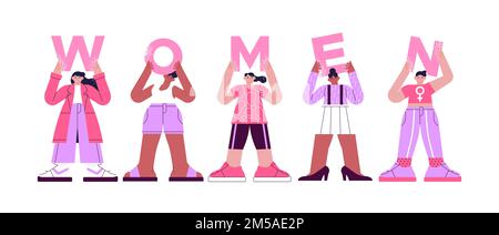 Diverse young woman characters holding pink women sign letters on isolated background. Modern flat cartoon illustration concept for gender equality or Stock Vector