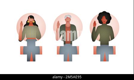Diverse women characters set holding hand up. Modern flat gradient cartoon people inside female symbol for feminist event or woman rights campaign con Stock Vector