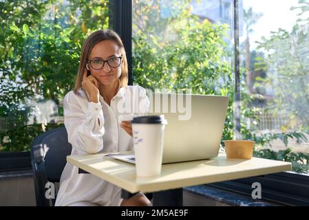 Young woman on video call using laptop. Happy businesswoman having a virtual meeting with a client in a cafe Stock Photo