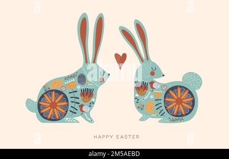 Happy Easter greeting card of two cute rabbits with nature decoration in vintage folk hand drawn style. Festive season illustration for traditional sp Stock Vector