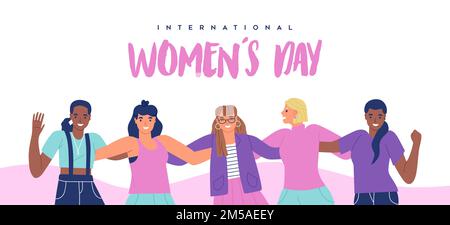 International Women's Day banner illustration of diverse young women standing together for special woman rights event holiday or feminist campaign des Stock Vector