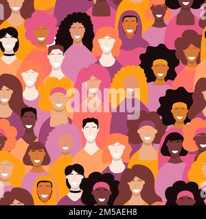 Diverse women together, flat cartoon seamless pattern for women's day or feminist event concept. Colorful pink crowd of girl character background. Stock Vector