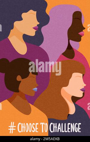 International Women's Day greeting card illustration of diverse multi ethnic women characters for choose to challenge campaign or feminist holiday des Stock Vector