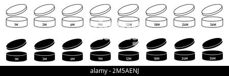 Set of pao cosmetic open shelf life month. Service life or expiry date icons for product packaging. Vector illustration Stock Vector