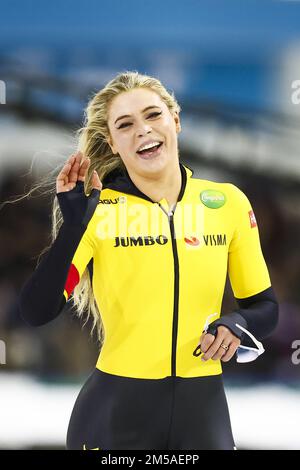HERENVEEN - Jutta Leerdam reacts after the 1000 meters during the
