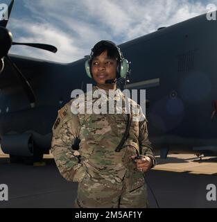 U.S. Air Force Senior Airman Erin Ivory,  9th Aircraft Maintenance Unit 27th Special Operations Aircraft Maintenance Squadron integrated flight control systems maintainer, poses for a portrait highlighting Black History Month at Cannon Air Force Base, New Mexico, Feb 15, 2022. Aircraft maintainers play a pivotal role in the success of the United States Air Force by ensuring aircraft are fit to fight any time and any place in the world. The 27th Special Operations Wing is celebrating Black History Month by highlighting Black Airmen from various career fields across the base. Stock Photo