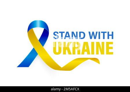 Stand with Ukraine. Anti War Call with the Smbol of Peace with Blue and Yellow Silk Ribbon on White Background. Ukranian Flag Colors. Struggle Stock Vector