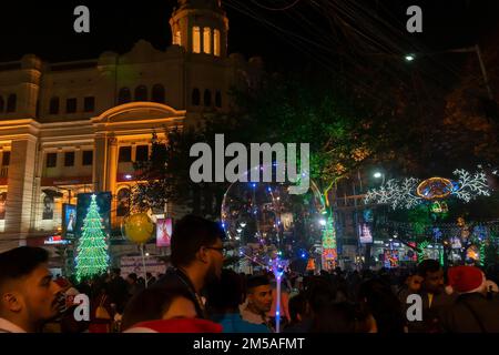 Kolkata, West Bengal, India - 26.12.2018 : Decorated lights and Christmas celebration at illuminated Park street with joy and year end festive mood. Stock Photo