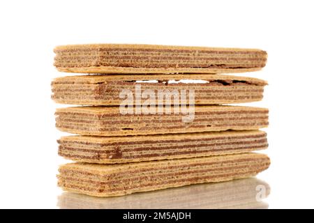 Several sweet chocolate wafers, close-up, isolated on white background. Stock Photo