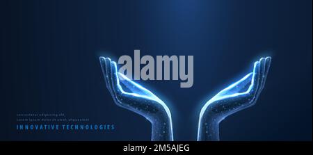 Holding hands. Abstract 3d low poly two hands hold something for care. Digital insurance, support innovation, futuristic safety technology Stock Vector