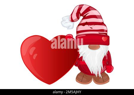 Cute Valentine gnome with heart on white background. Happy Valentines day design. Dwarf in love. Lovely elf holding big love heart.Vector illustration Stock Vector