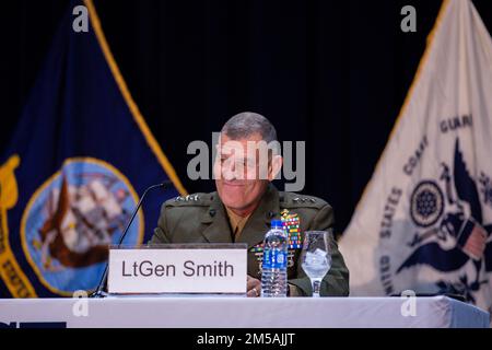 U.S. Marine Corps Lt. Gen. George W. Smith, Jr., Commanding General, I Marine Expeditionary Force, conducts a discussion panel on future Naval and Marine Corps capabilities during the WEST 2022 Conference at the San Diego Convention Center in San Diego, California, Feb. 16, 2022. Throughout WEST 22, leaders from the Navy, Marine Corps and Coast Guard discussed modernization efforts and future concepts that support the Sea Services' operations. WEST provides a venue for senior military and government officials to gain valuable direct feedback from operators and partners in industry. Stock Photo