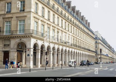 Paris, France. October 30. 2022. Haussmann style buildings perspective view in famous street Rue de Rivoli. Stock Photo