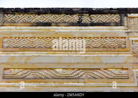 Intricate mosaic fretwork, Archeological Zone of Mitla, Columns Group, The Palace, Oaxaca state, Mexico Stock Photo