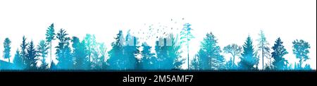 Vector misty forest landscape with detailed blue silhouettes of coniferous trees . seamless pattern Stock Vector