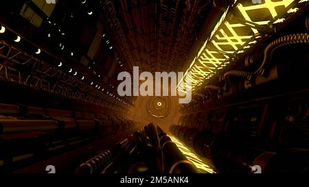 View inside of computer machine. Motion. Abstract digital technological background with lights inside machine Stock Photo