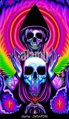 Death conceptual illustration, skull in a hood holding another skull Stock Photo