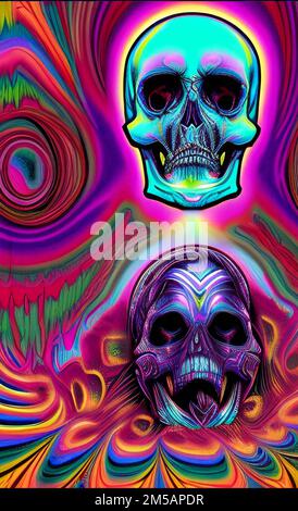 Death conceptual illustration, colored skulls acid hallucination, bad trip Stock Photo