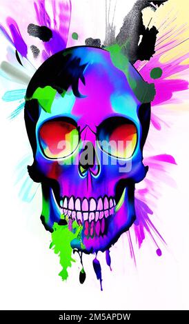 Death concept, colored skull head with artistic paint drops, isolated over white background illustration Stock Photo