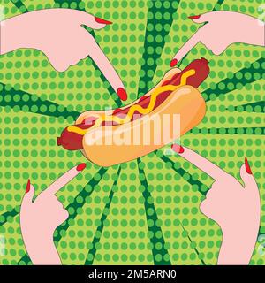 Hot Dog Cartoon On Background With Dots Stock Illustration