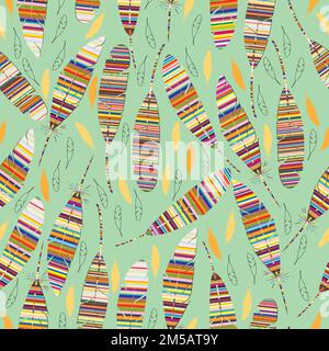 Seamless pattern vector with colorful feathers on green background; abstract feathers decorated with stripes; vector illustration Stock Vector