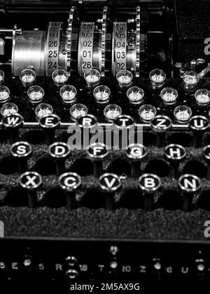 A closeup of a keyboard of a rare German World War II 'Enigma' machine at Bletchley Park Stock Photo